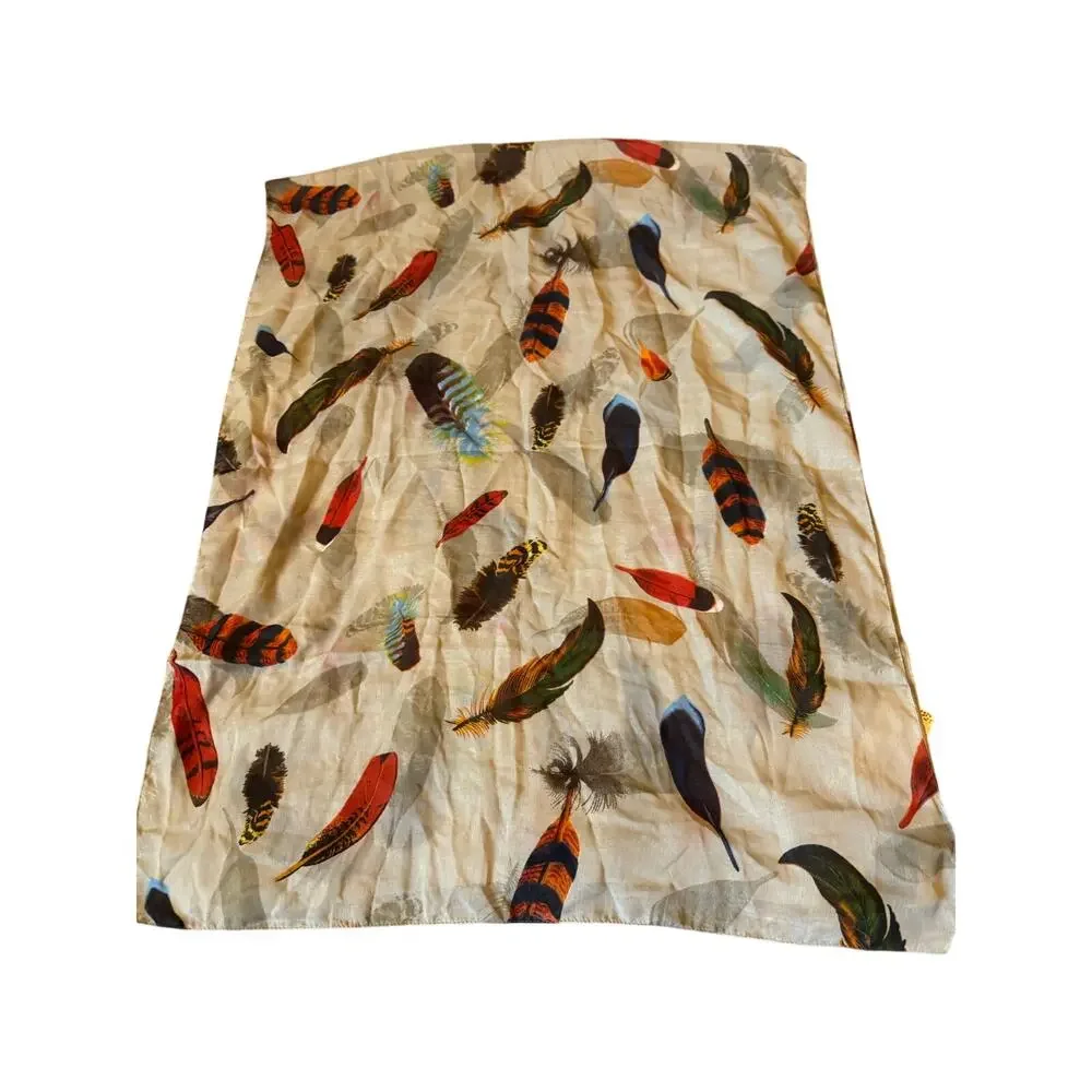 2 Chic Feather Print Scarf Beige Multicolor Lightweight Sheer Square Scarf